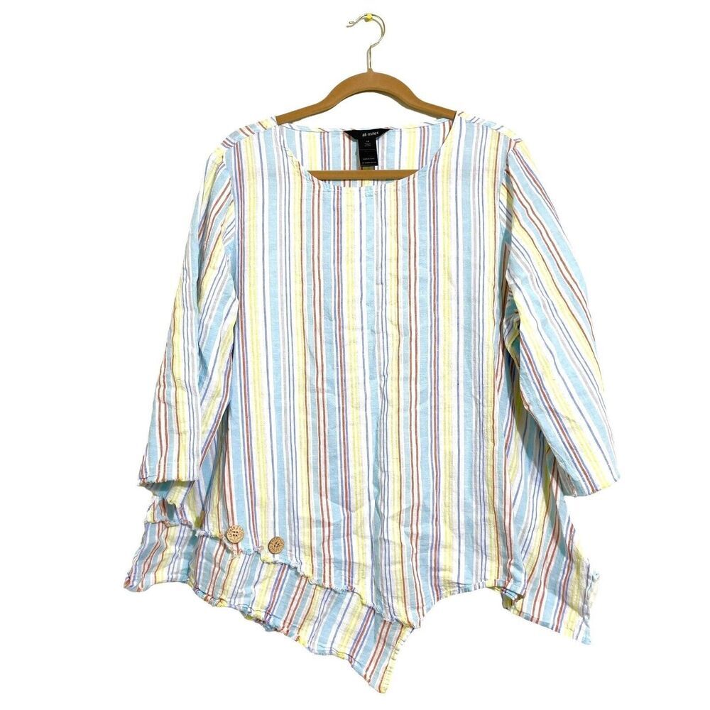 Ali Miles Women's Linen Asymmetrical Beachy Top Size 1X Fringe Striped Summer